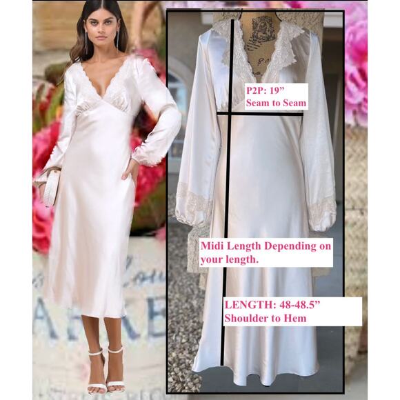 Lulus Women Illustrious Elegance Champagne Satin Long Sleeve Midi Dress Size: L - Picture 7 of 10